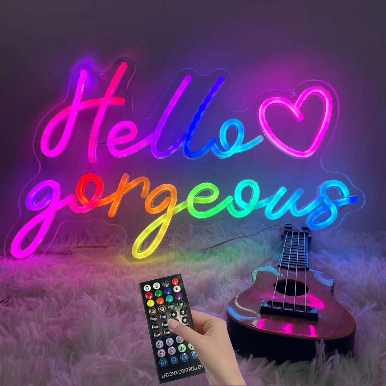 Hello gorgeous Multicolor Neon Sign RGB Decorative Lights ,adjustable brightness, with switch,Suitable for all kinds of parties,40cm/15.74"x 24cm/9.45"