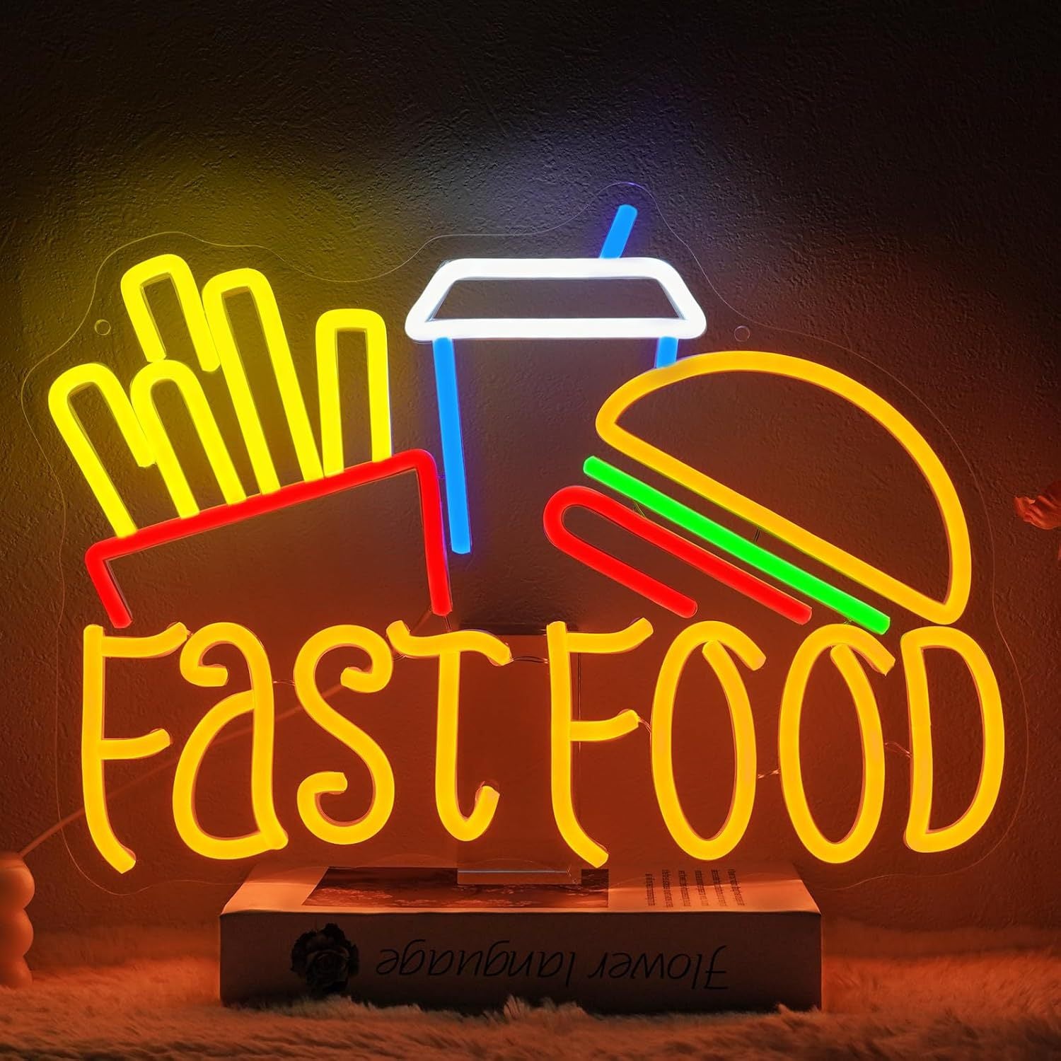 LED Neon Hamburger Sign By USB - Adjustable Brightness with ON/Off Switch , Wall Decor LED Sign for Food store restaurant snack shop.40cm/15.75"x 28.3cm/11.14"