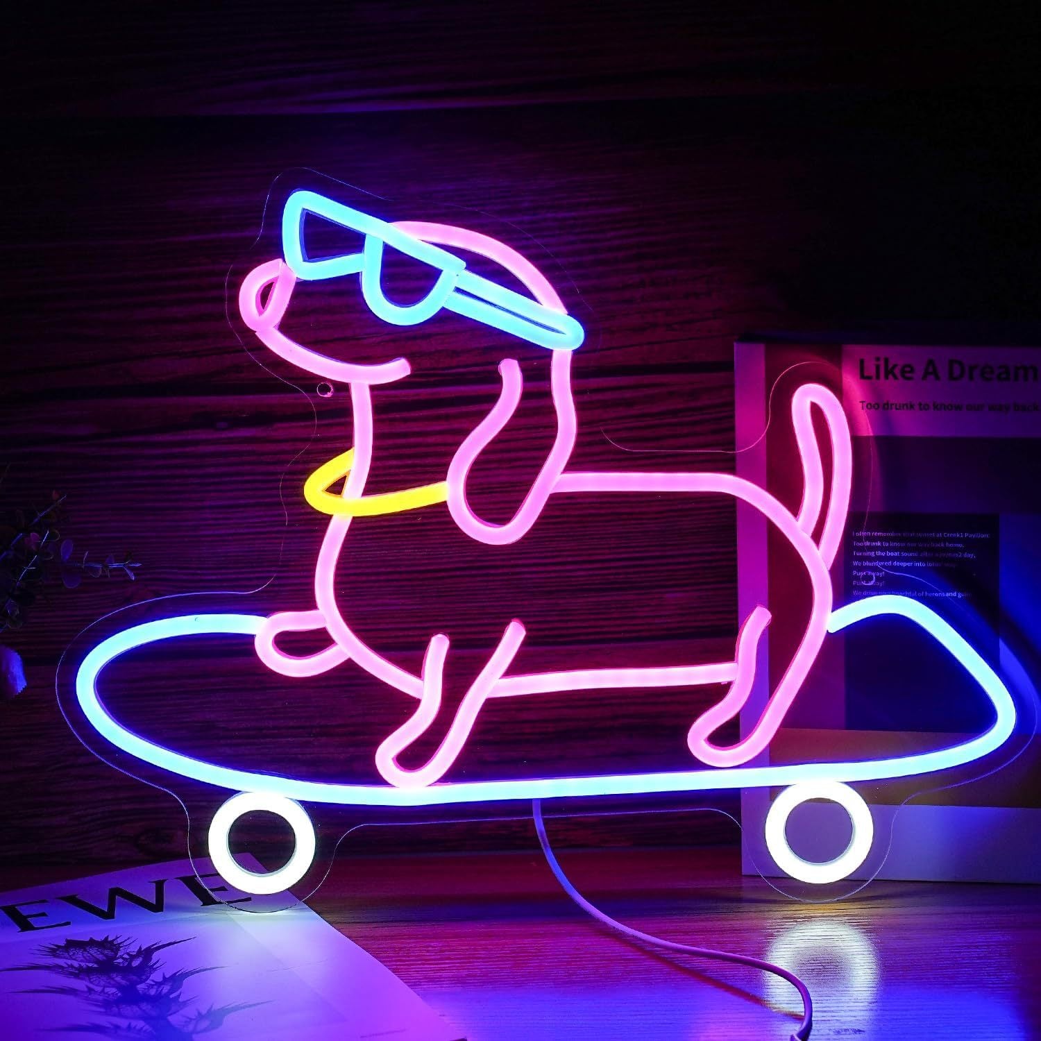 LED Neon skateboard dog sign, adjustable brightness, with switch, suitable for home decoration, shops, etc., four colors,40.5cm/15.94"x 32cm/12.6"