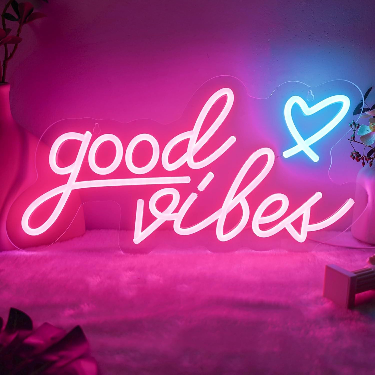 LED Neon Good Vibes Sign By USB - Adjustable Brightness With ON/Off Switch , Wall Decor LED Sign for Dormitory Home Atmosphere Decoration.40.6cm/15.98"x 20.3cm/7.99"