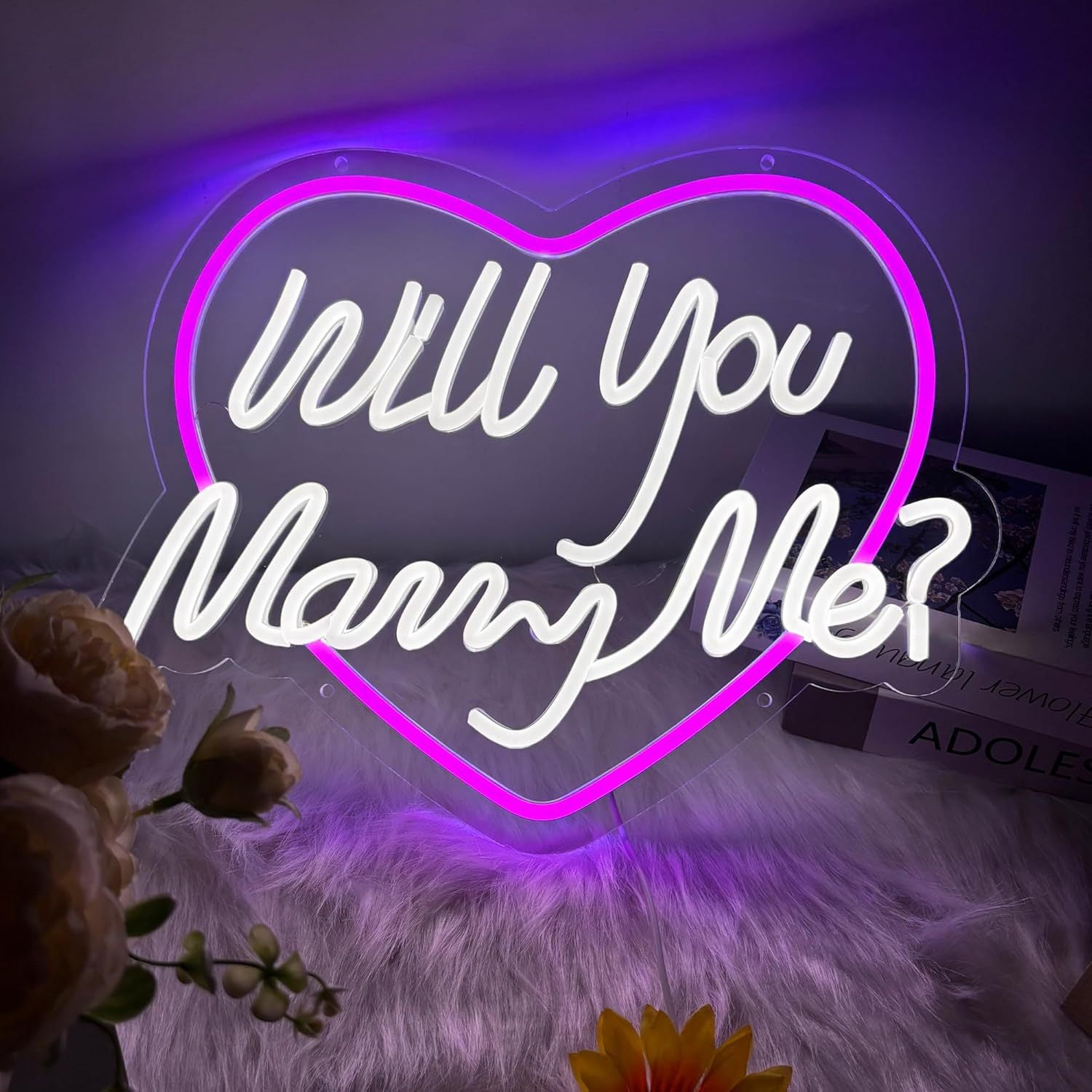 Monochrome neon will you marry me heart shape sign with switch and USB interface, Suitable for wedding party,41cm/16.14"*32cm/12.6"