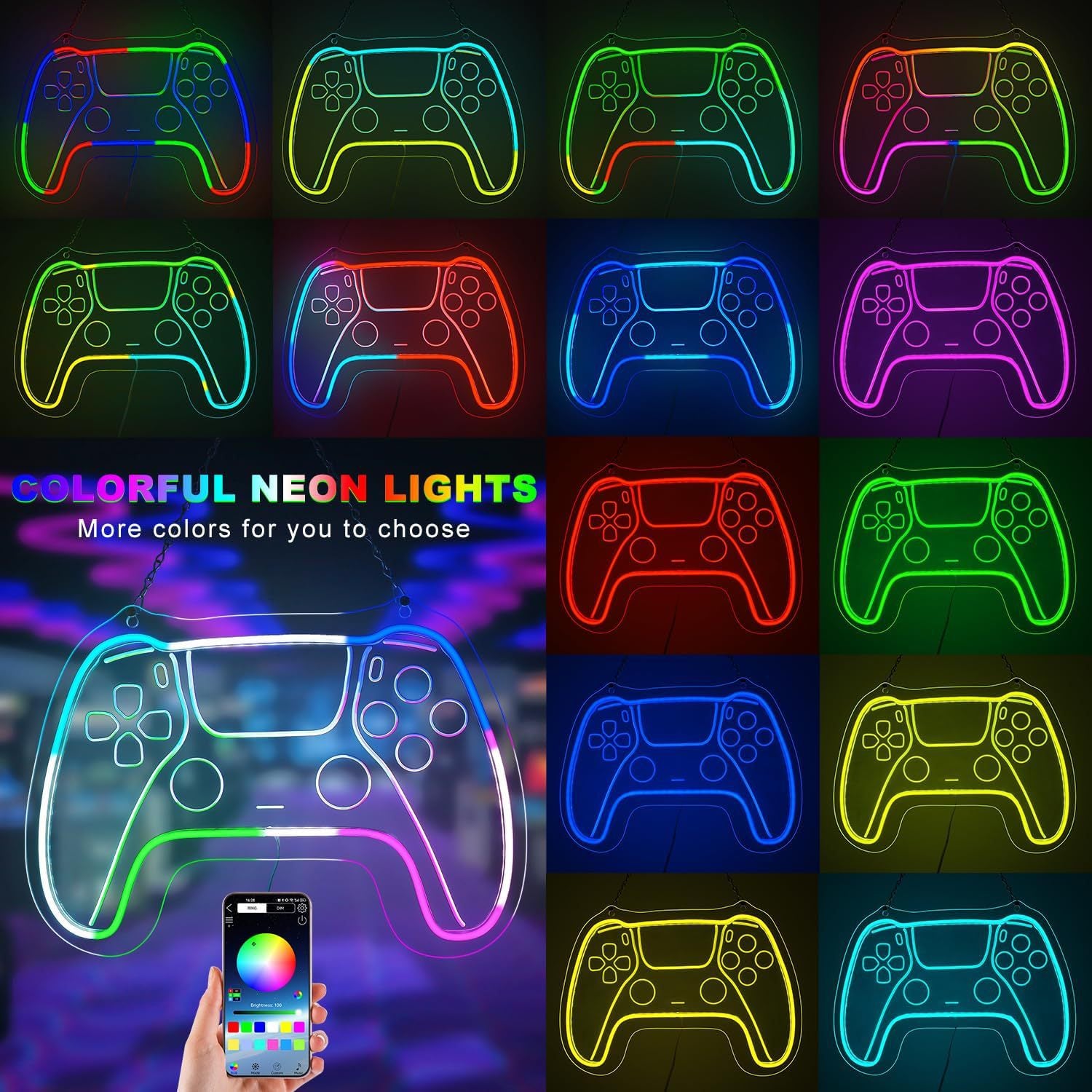 Handle Multicolor Neon Sign RGB Decorative Lights ,adjustable brightness, with switch,suitable for eSports games,41.5cm/16.34"*30cm/11.81"