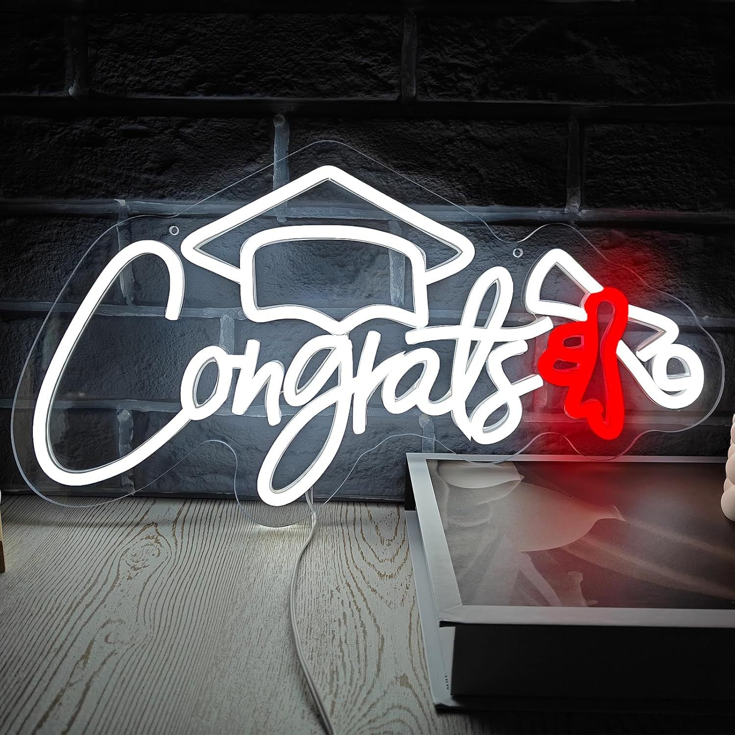 LED Neon Congrats Cool White Light Sign By USB - Adjustable Brightness with ON/Off Switch , Wall Decor LED Sign for Graduation Celebration,42cm/16.5"x 23cm/9.1"