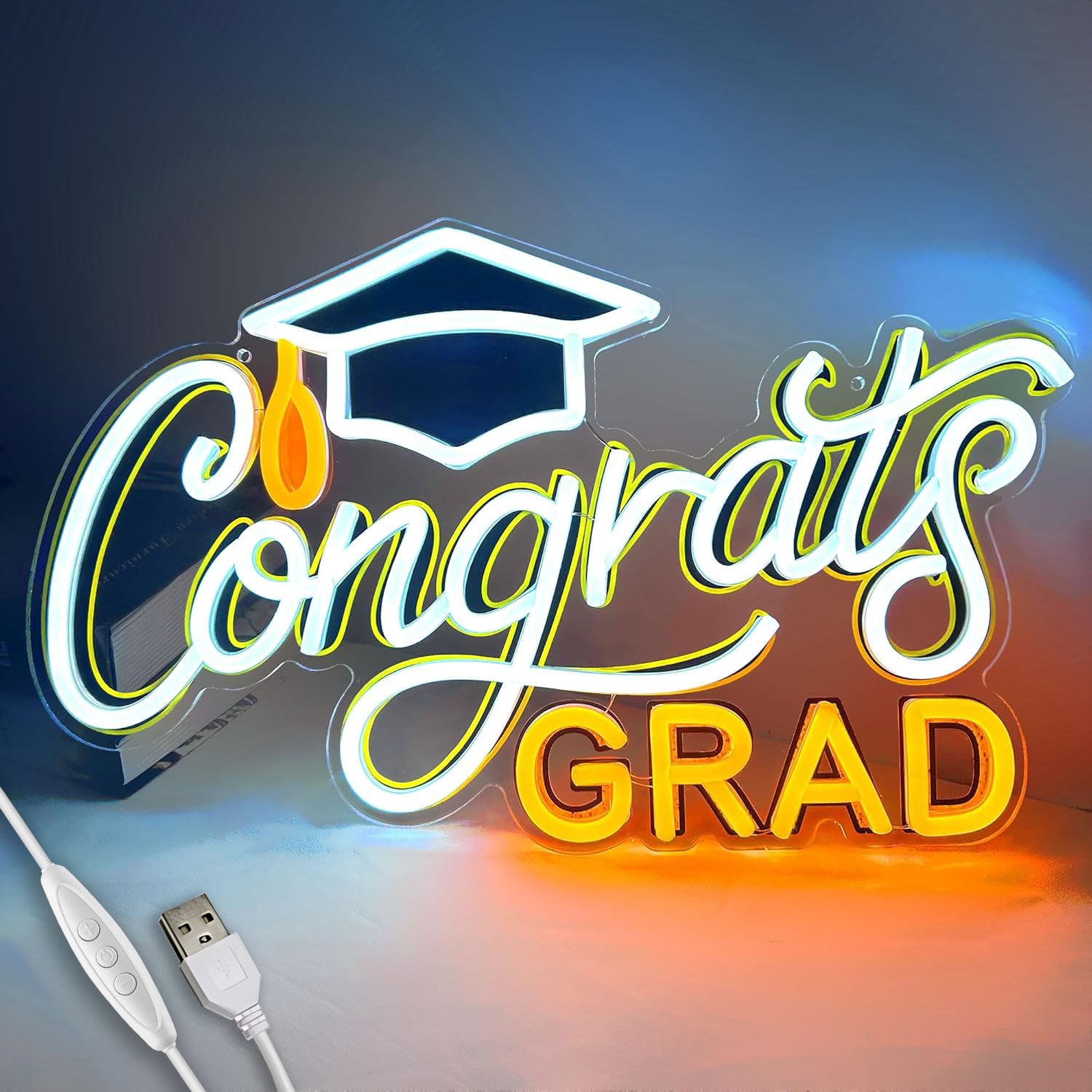 LED Neon Graduation Cap Sign By USB - Adjustable Brightness with ON/Off Switch , Wall Decor LED Sign for Graduation Celebration,42cm/16.5"x 25cm/9.8"