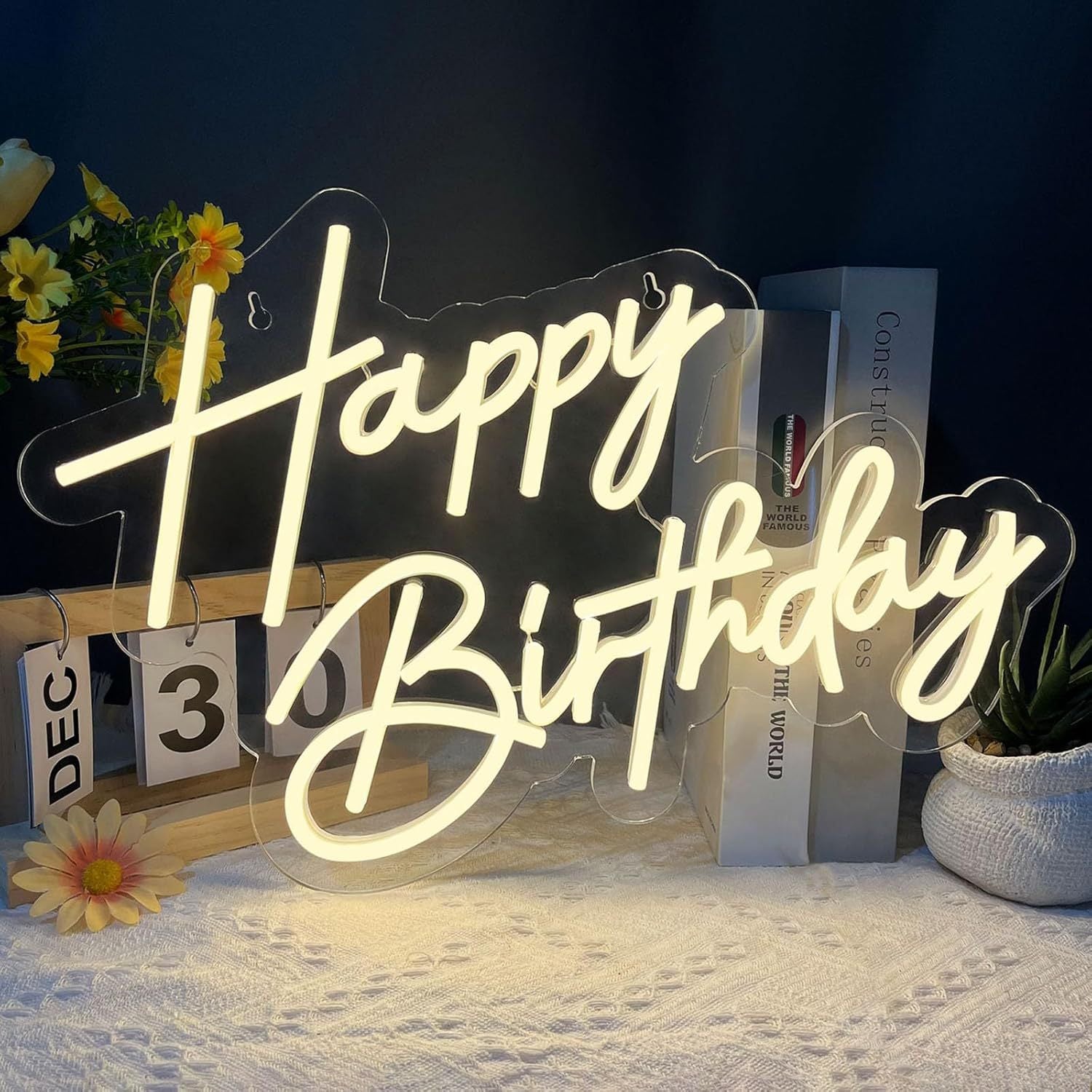 Monochrome neon happy birthday sign with switch and USB interface, suitable for birthday party,42cm/16.5"*29cm/11.4"