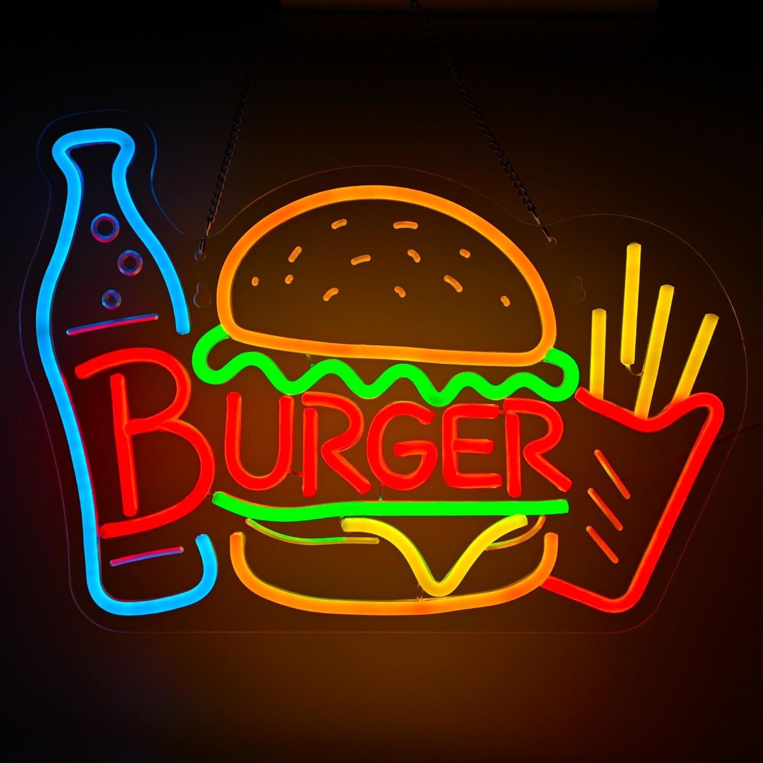 LED Neon Hamburger Sign By USB - Adjustable Brightness with ON/Off Switch , Wall Decor LED Sign for Food store restaurant snack shop.42cm/16.5"x 30.3cm/11.9"