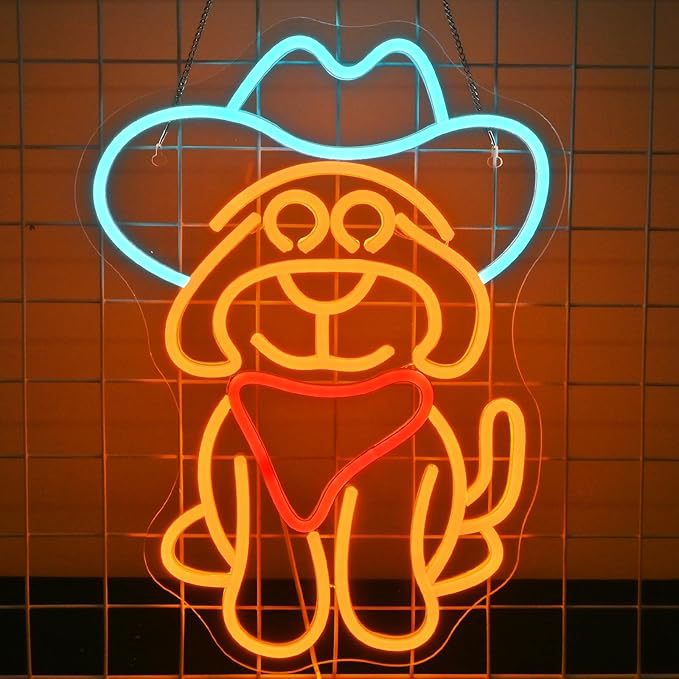 LED Neon cowboy dog sign, adjustable brightness, with switch, suitable for home decoration, shops, etc., three colors,42cm/16.5"x 31cm/12.2"