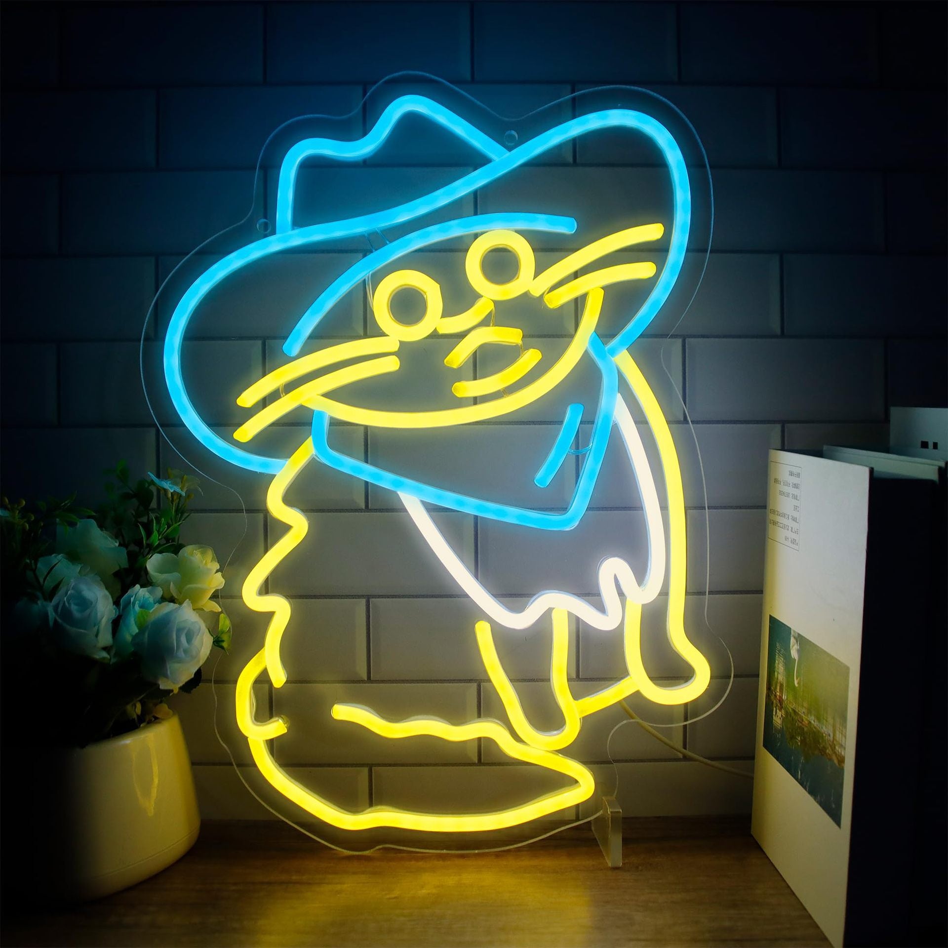LED Neon cowboy cat sign, adjustable brightness, with switch, suitable for home decoration, shops, etc., three colors,42cm/16.5"x 31cm/12.2"