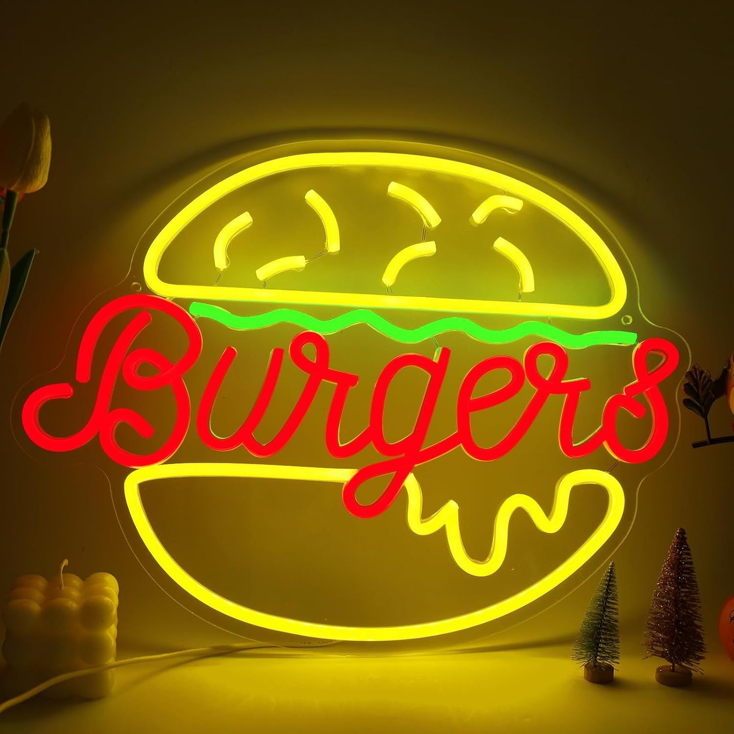 LED Neon Hamburger Sign By USB - Adjustable Brightness with ON/Off Switch , Wall Decor LED Sign for Food store restaurant snack shop.42.5cm/16.7"x 32.5cm/12.8"