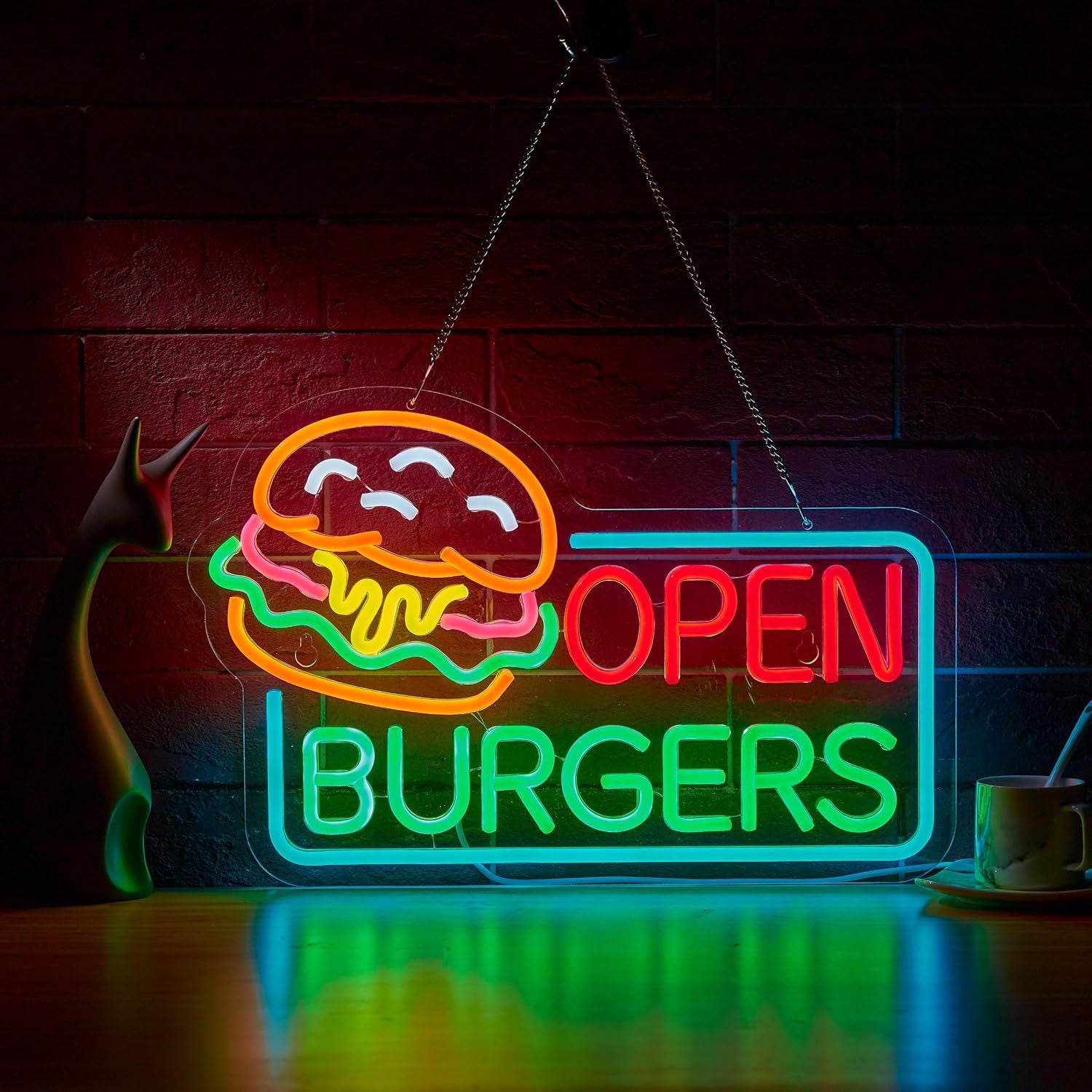LED Neon Hamburger Sign By USB - Adjustable Brightness with ON/Off Switch , Wall Decor LED Sign for Food store restaurant snack shop.43.2cm/17"x 27.9cm/11"