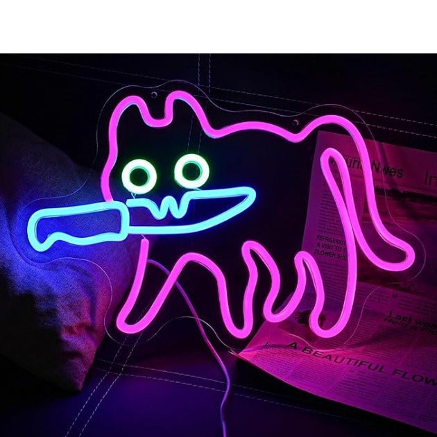 LED Neon Cat biting the knife sign, adjustable brightness, with switch, suitable for home decoration, shops, etc., three colors,43cm/16.9"x 31.5cm/12.4"