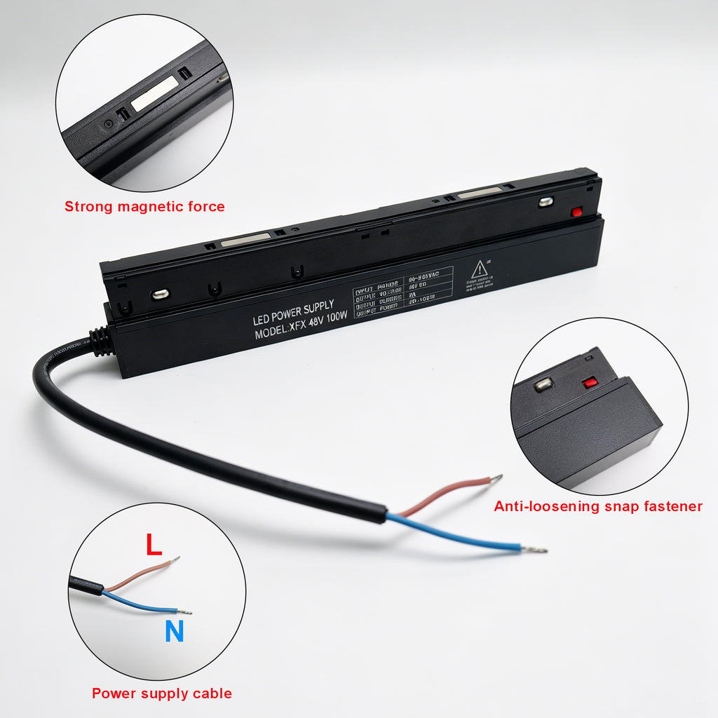 Integrated 48V 100W Track Lighting Power Supply, Built-in LED Driver Transformer for Magnetic Track Rail System, Low Voltage Ceiling Lighting Solution