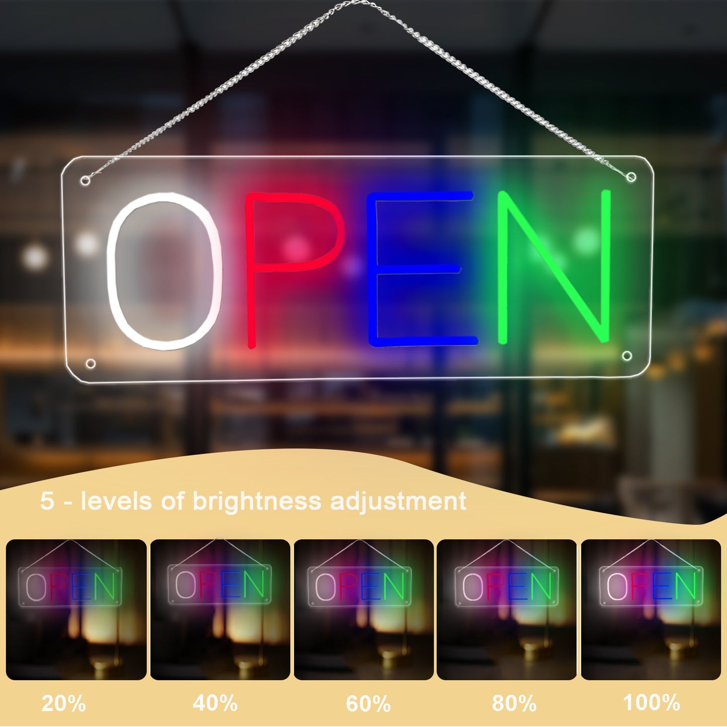 Neon Open Sign by USB ,50×19cm LED Business Sign with 5 Brightness Levels, Vibrant Open Sign LED for Shops, Cafés, Bars & Restaurants
