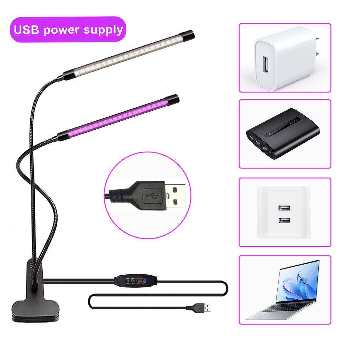 Dual Head UV LED Clip Lamp, UV Resin Curing Light & Natural White Desk Light, USB Powered 5V Dimmable Clamp Lamp with 3 Lighting Modes for Resin Crafts, DIY Curing & Desk Lighting