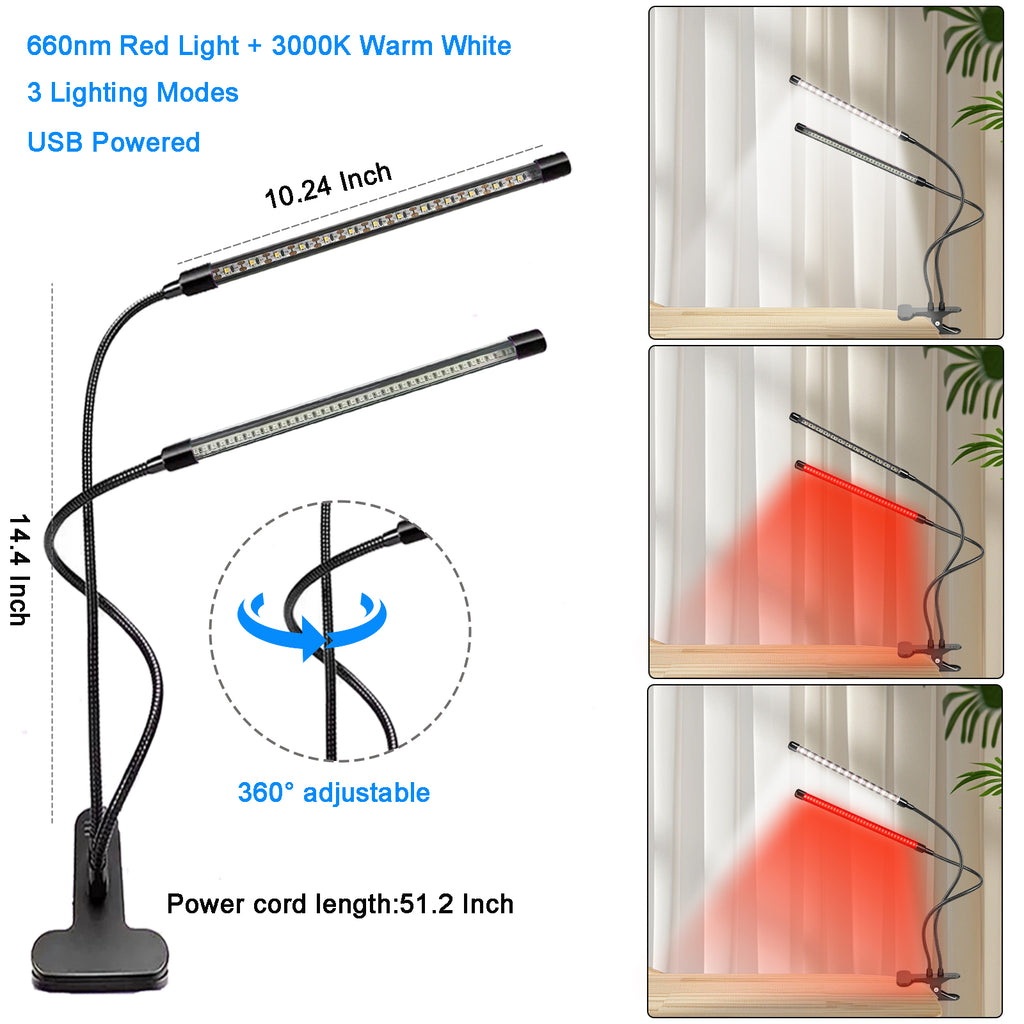 Dual Head Sleep Aid Lamp with 660nm Red Light & Warm White, USB Clip On Reading Light, Dimmable Bedside Lamp with 3H/9H/12H Timer for Bedroom Headboard Desk