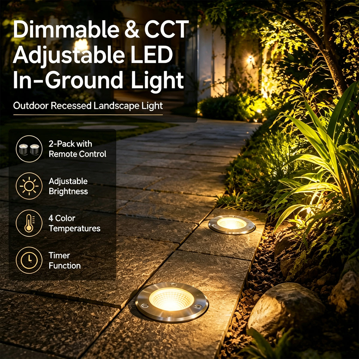 Low Voltage LED Well Lights Outdoor, 12V/24V Landscape In Ground Lights with Remote Control, Dimmable 1700K-6000K Tunable White, Timer Function, IP67 Waterproof Landscape Lighting for Yard Pathway Garden 4 pack