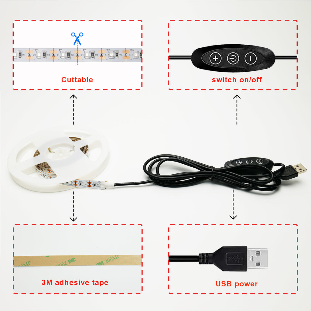 660nm Red Light Strip 6.6FT 120LEDs USB Powered, Dimmable Red LED Light Strip 5V 2A, Grow Light for Indoor Plants, Sleep Light Strip for Bedroom, TV Backlight Ambient Lighting