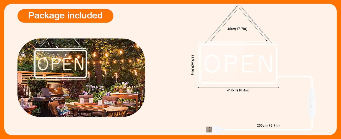 LED Open Signs for Business by USB ，Adjustable Brightness Open Signs with ON/OFF Switch for Stores, Coffee Shop,Flower shop, Hotel,Bars, Window etc,16x9in,Warm White(Outside Edge Cool White)