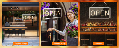 LED Open Signs for Business by USB ，Adjustable Brightness Open Signs with ON/OFF Switch for Stores, Coffee Shop,Flower shop, Hotel,Bars, Window etc,16x9in,Warm White(Outside Edge Cool White)