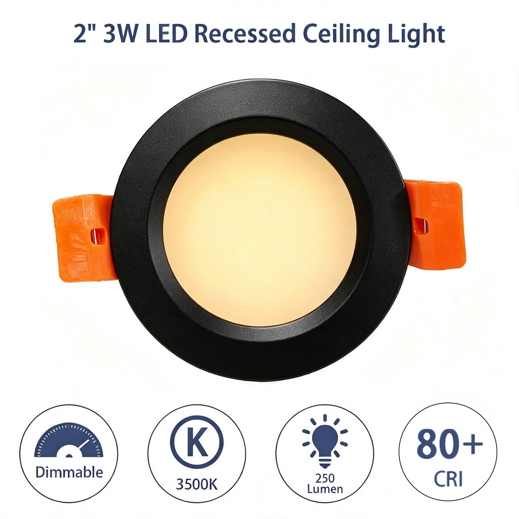 2 Inch LED Recessed Ceiling Light 4 Pack, 3W Canless Downlight, 3000K Warm White Mini Recessed Lighting with Junction Box, Black Trim Flush Mount Ceiling Light for Bedroom, Hallway, Porch