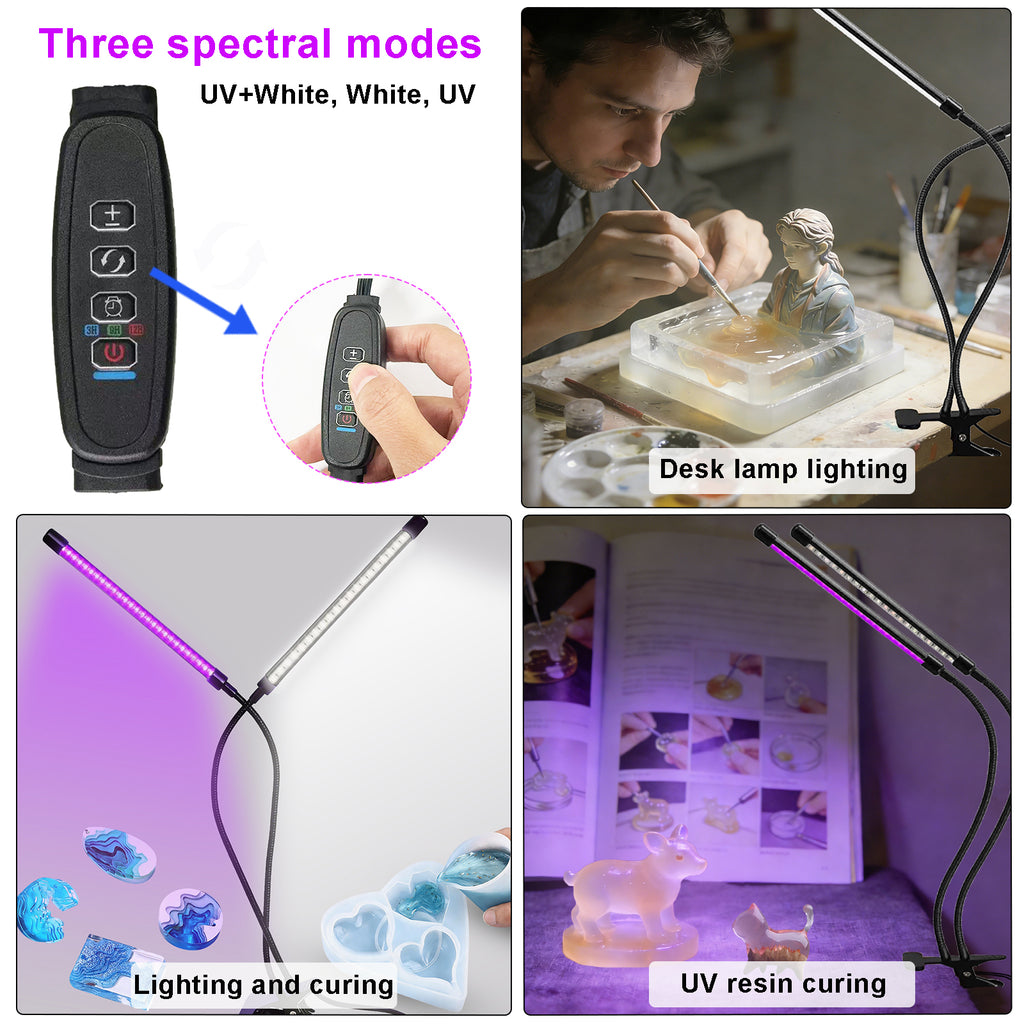 Dual Head UV LED Clip Lamp, UV Resin Curing Light & Natural White Desk Light, USB Powered 5V Dimmable Clamp Lamp with 3 Lighting Modes for Resin Crafts, DIY Curing & Desk Lighting