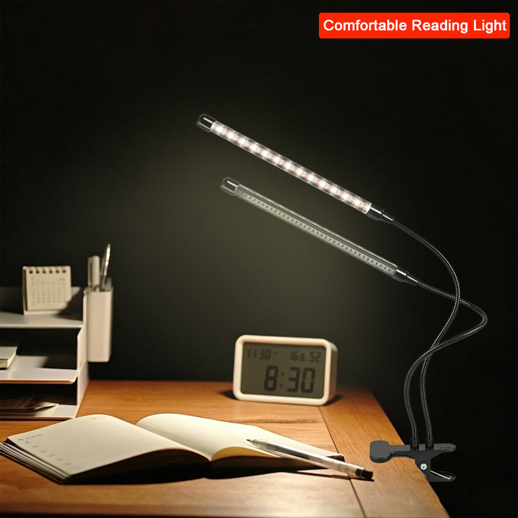Dual Head Sleep Aid Lamp with 660nm Red Light & Warm White, USB Clip On Reading Light, Dimmable Bedside Lamp with 3H/9H/12H Timer for Bedroom Headboard Desk