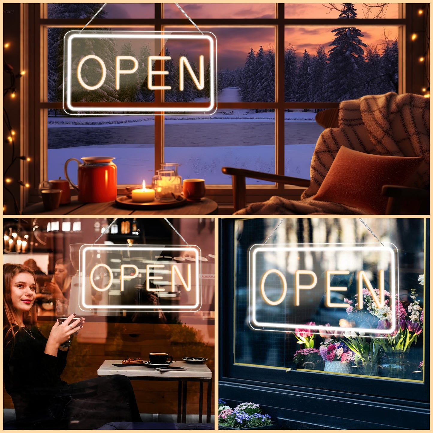 LED Open Signs for Business by USB ，Adjustable Brightness Open Signs with ON/OFF Switch for Stores, Coffee Shop,Flower shop, Hotel,Bars, Window etc,16x9in,Warm White(Outside Edge Cool White)