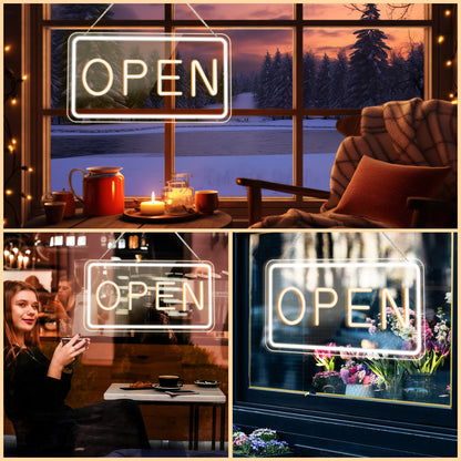 LED Open Signs for Business by USB ，Adjustable Brightness Open Signs with ON/OFF Switch for Stores, Coffee Shop,Flower shop, Hotel,Bars, Window etc,16x9in,Warm White(Outside Edge Cool White)