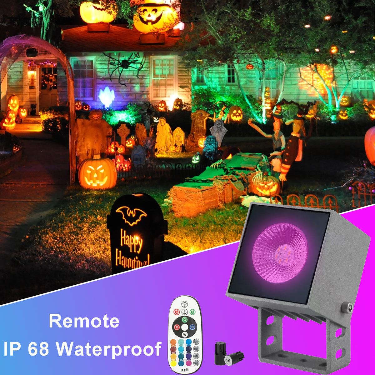 RGBW Outdoor LED Spotlights with Remote Control, IP65 Waterproof Landscape Lights, 16 Colours, 4 Lighting Modes & 5 Brightness Levels, Hardwired Colour Changing Garden Lights for Yard, Patio & Holiday Decorations