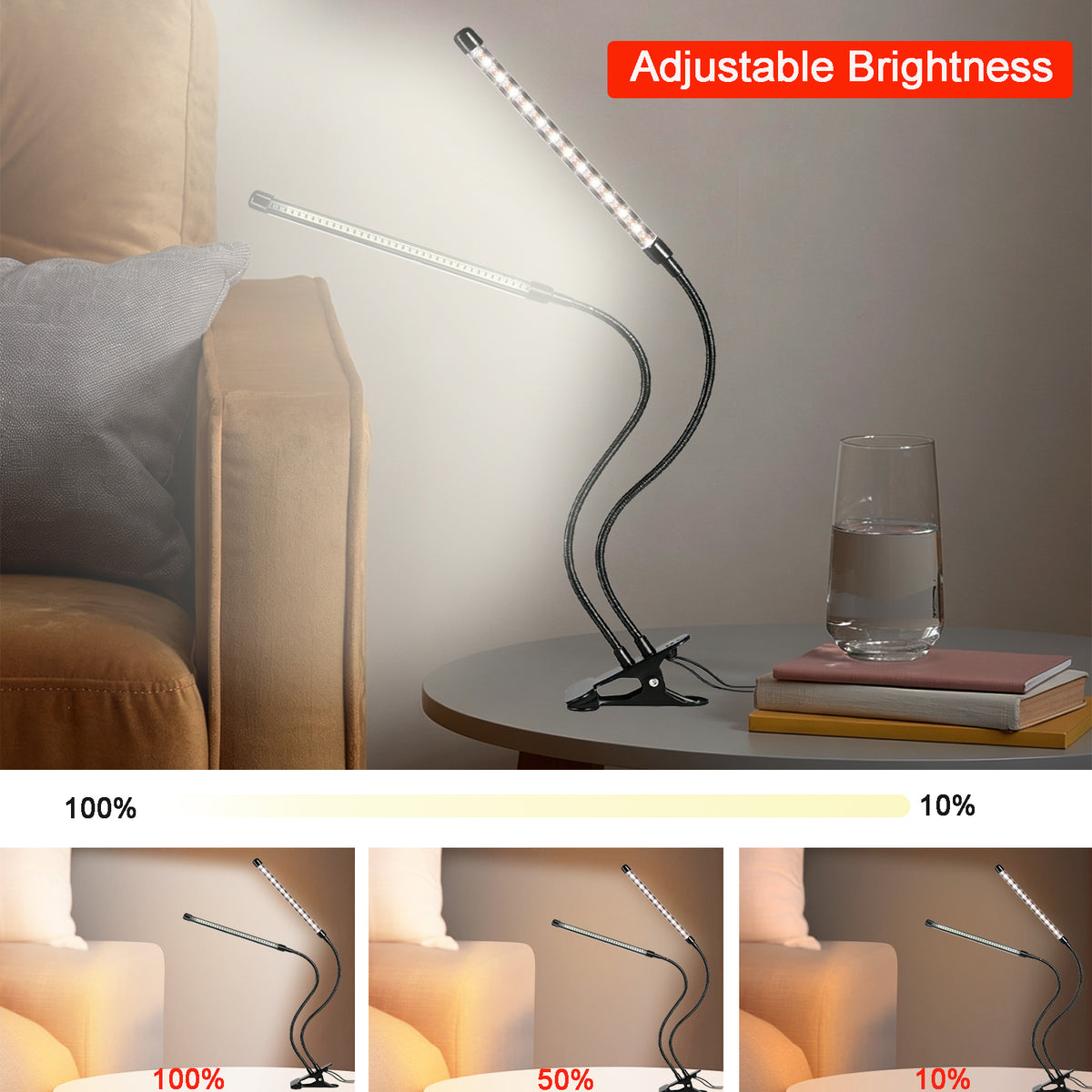 Dual Head Sleep Aid Lamp with 660nm Red Light & Warm White, USB Clip On Reading Light, Dimmable Bedside Lamp with 3H/9H/12H Timer for Bedroom Headboard Desk