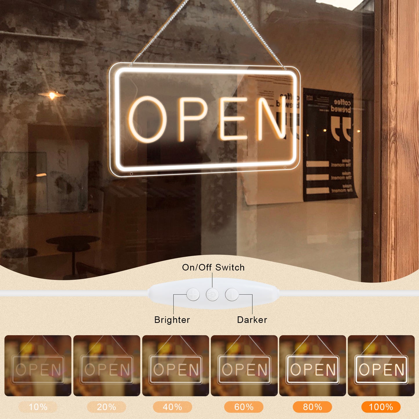 LED Open Signs for Business by USB ，Adjustable Brightness Open Signs with ON/OFF Switch for Stores, Coffee Shop,Flower shop, Hotel,Bars, Window etc,16x9in,Warm White(Outside Edge Cool White)