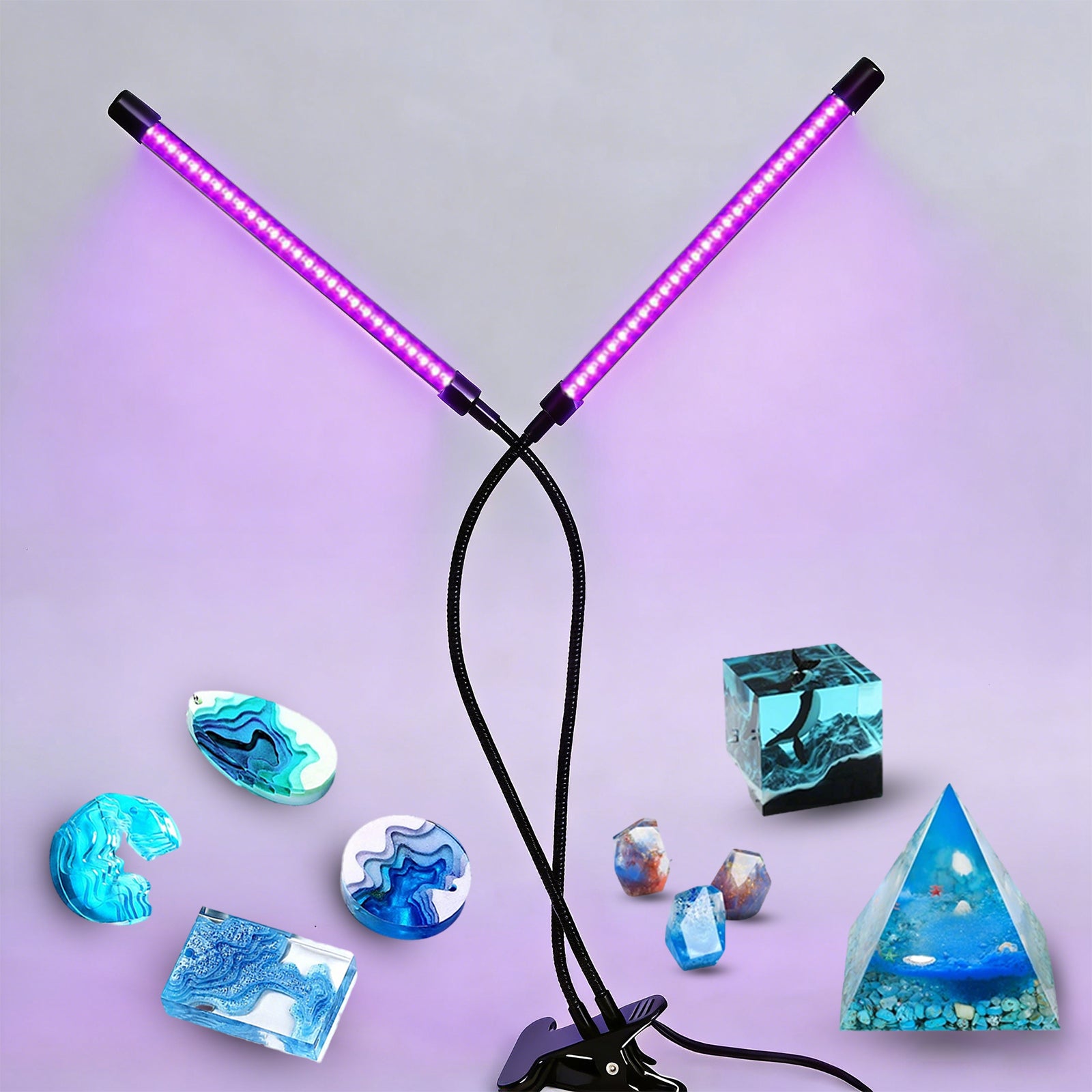 395–400nm UV Black LED Light , Dual Head Clip On UV Light with 10-Level Dimmable Brightness & 4 Timer Modes, USB Powered UV Lamp for Resin, UV Glue, Gel Nail Polish, Fluorescent Paint Party