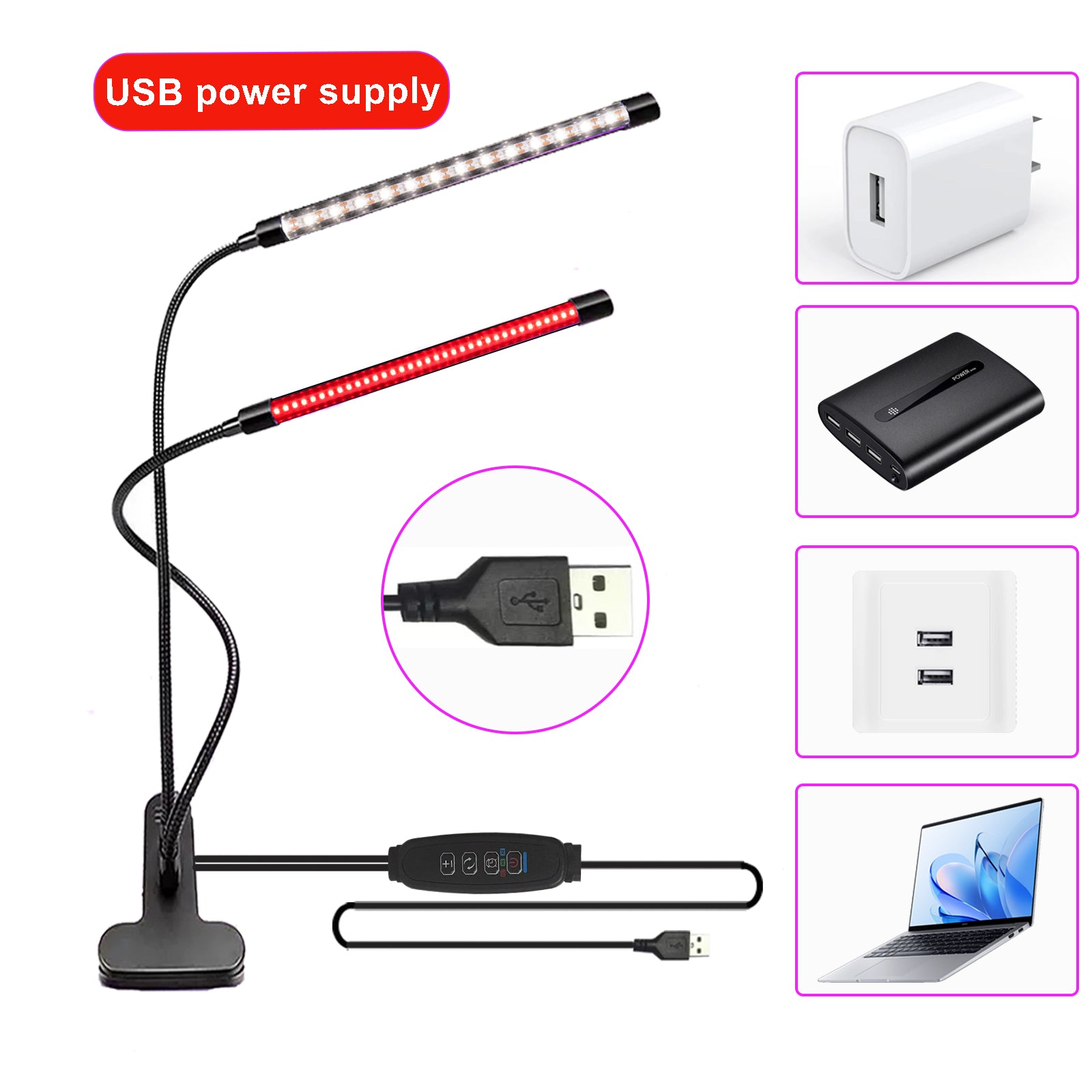 Dual Head Sleep Aid Lamp with 660nm Red Light & Warm White, USB Clip On Reading Light, Dimmable Bedside Lamp with 3H/9H/12H Timer for Bedroom Headboard Desk
