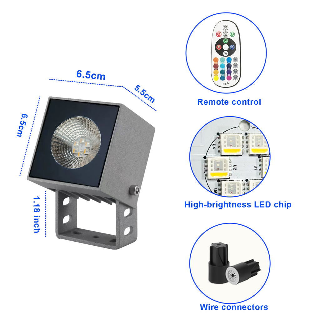 RGBW Outdoor LED Spotlights with Remote Control, IP65 Waterproof Landscape Lights, 16 Colours, 4 Lighting Modes & 5 Brightness Levels, Hardwired Colour Changing Garden Lights for Yard, Patio & Holiday Decorations