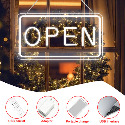 LED Open Sign for Business, USB Powered, Adjustable Brightness,  Cool White, 42x22.5cm, for Stores, Cafes, Bars, Hotels, Window Display