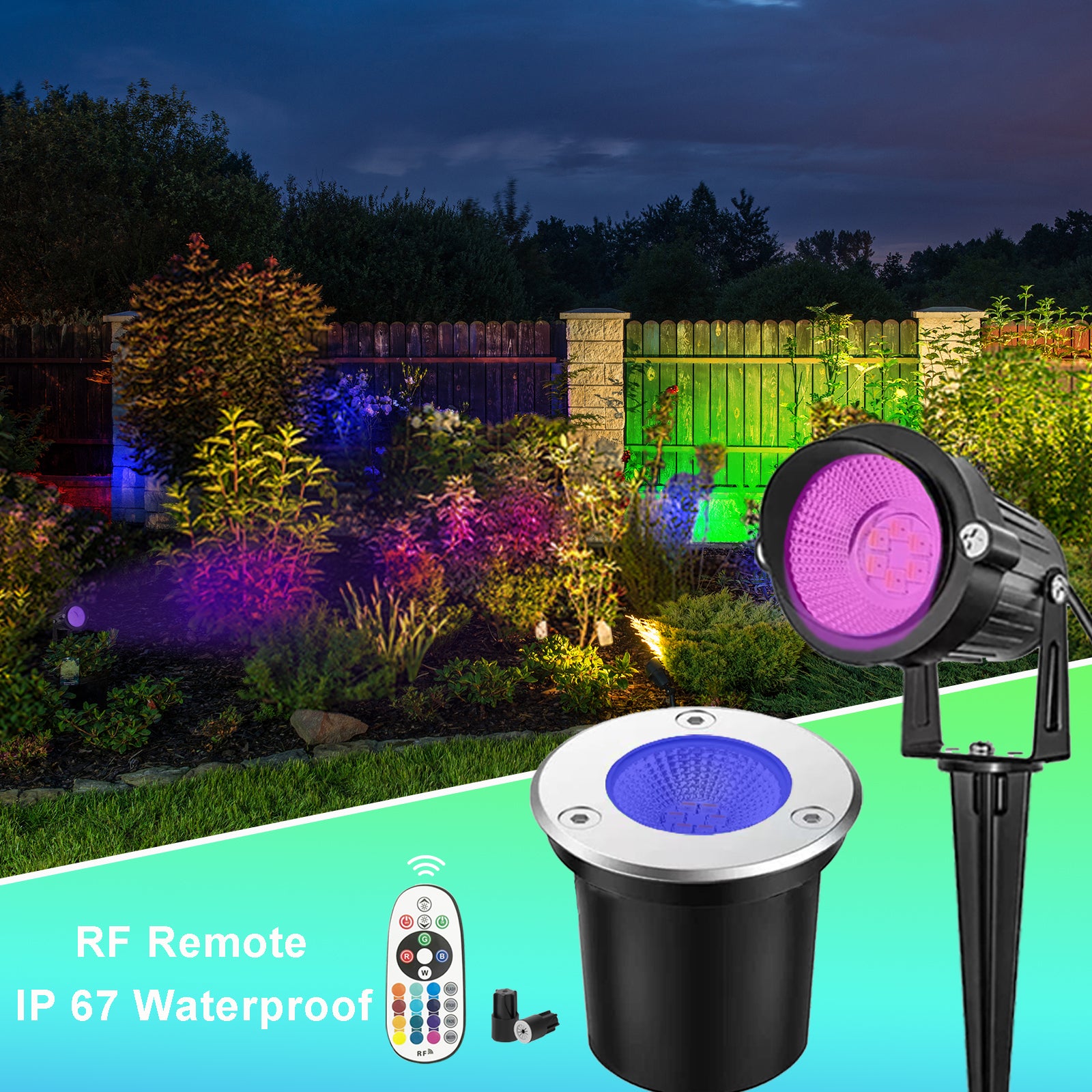10 Pack RGBW LED Landscape Lights (5 Spike + 5 In-ground), 3W Low Voltage IP67 Waterproof Outdoor Lighting Kit with Remote Control, 16 Colors & 4 Modes Pathway Yard Garden Spotlights