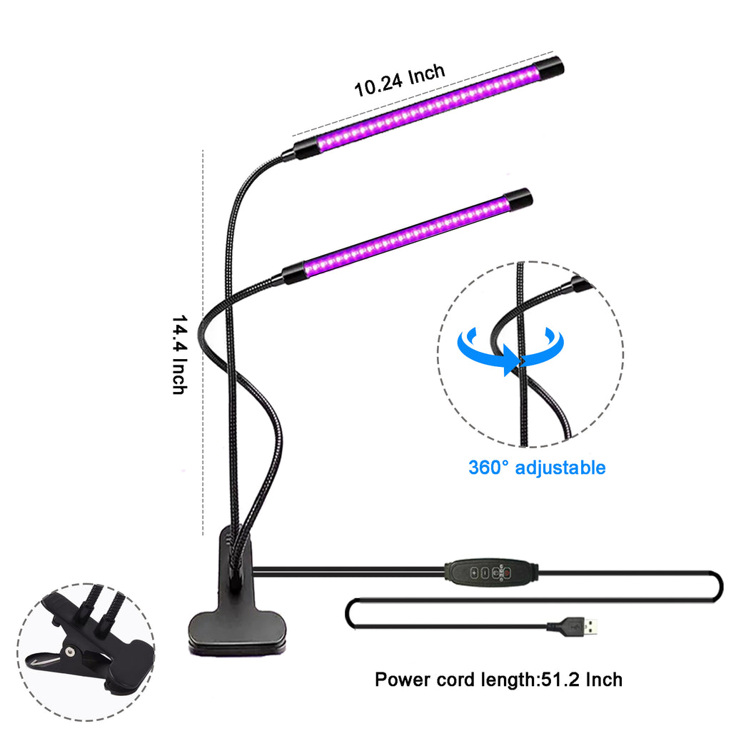 395–400nm UV Black LED Light , Dual Head Clip On UV Light with 10-Level Dimmable Brightness & 4 Timer Modes, USB Powered UV Lamp for Resin, UV Glue, Gel Nail Polish, Fluorescent Paint Party