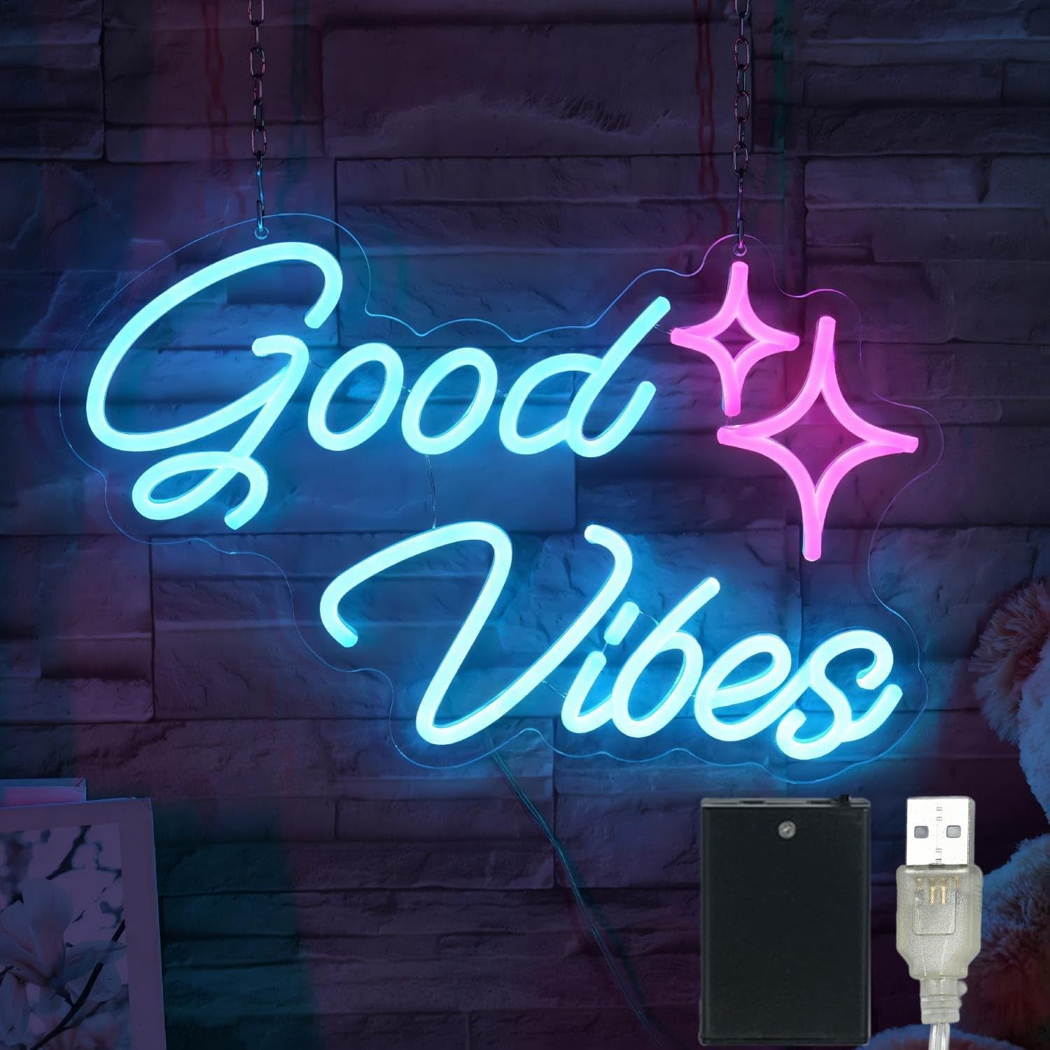 LED Neon Good Vibes Sign By USB - Adjustable Brightness With ON/Off Switch , Wall Decor LED Sign for Dormitory Home Atmosphere Decoration.41cm/16"x 25.4cm/10"