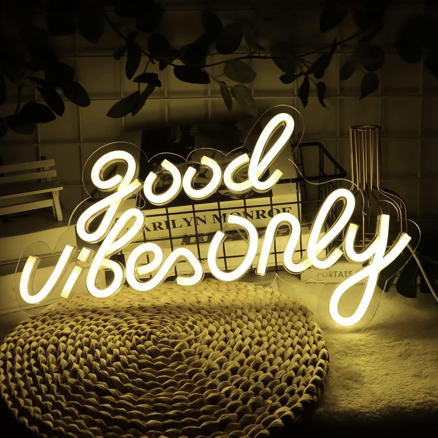 LED Neon Good Vibes Sign By USB - Adjustable Brightness With ON/Off Switch , Wall Decor LED Sign for Dormitory Home Atmosphere Decoration.42cm/16.5"x 25.4cm/10"