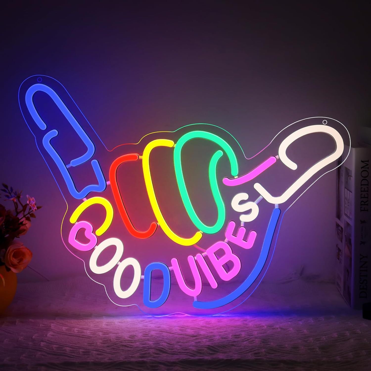 LED Neon Good Vibes Sign By USB - Adjustable Brightness With ON/Off Switch , Wall Decor LED Sign for Dormitory Home Atmosphere Decoration.43cm/16.9"x 30cm/11.8"