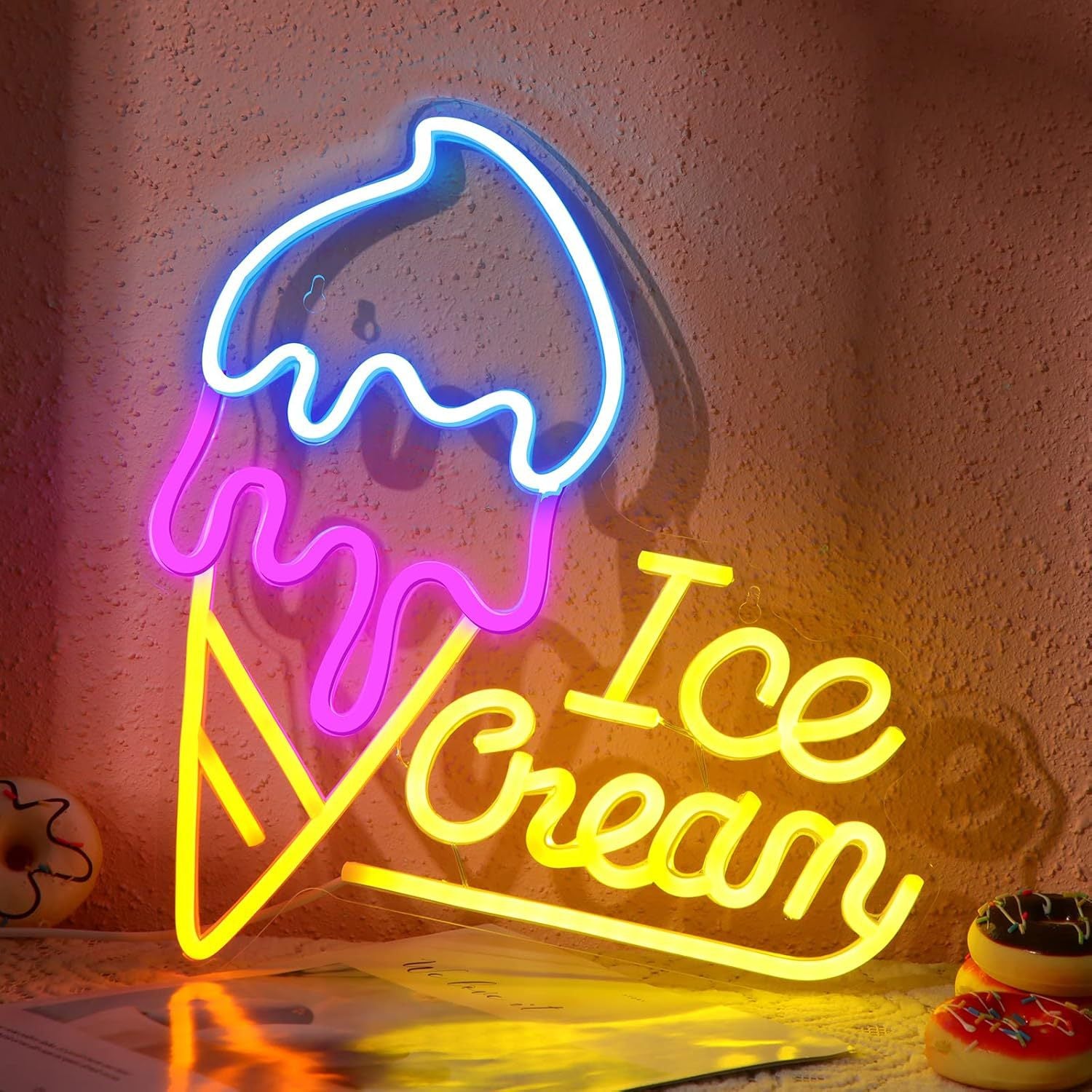 LED Neon Ice Cream Sign By USB - Adjustable Brightness with ON/Off Switch , Wall Decor LED Sign for Shopping malls, Supermarkets, Cold Drink Shops, etc.,34cm/13.4"x 32cm/13"