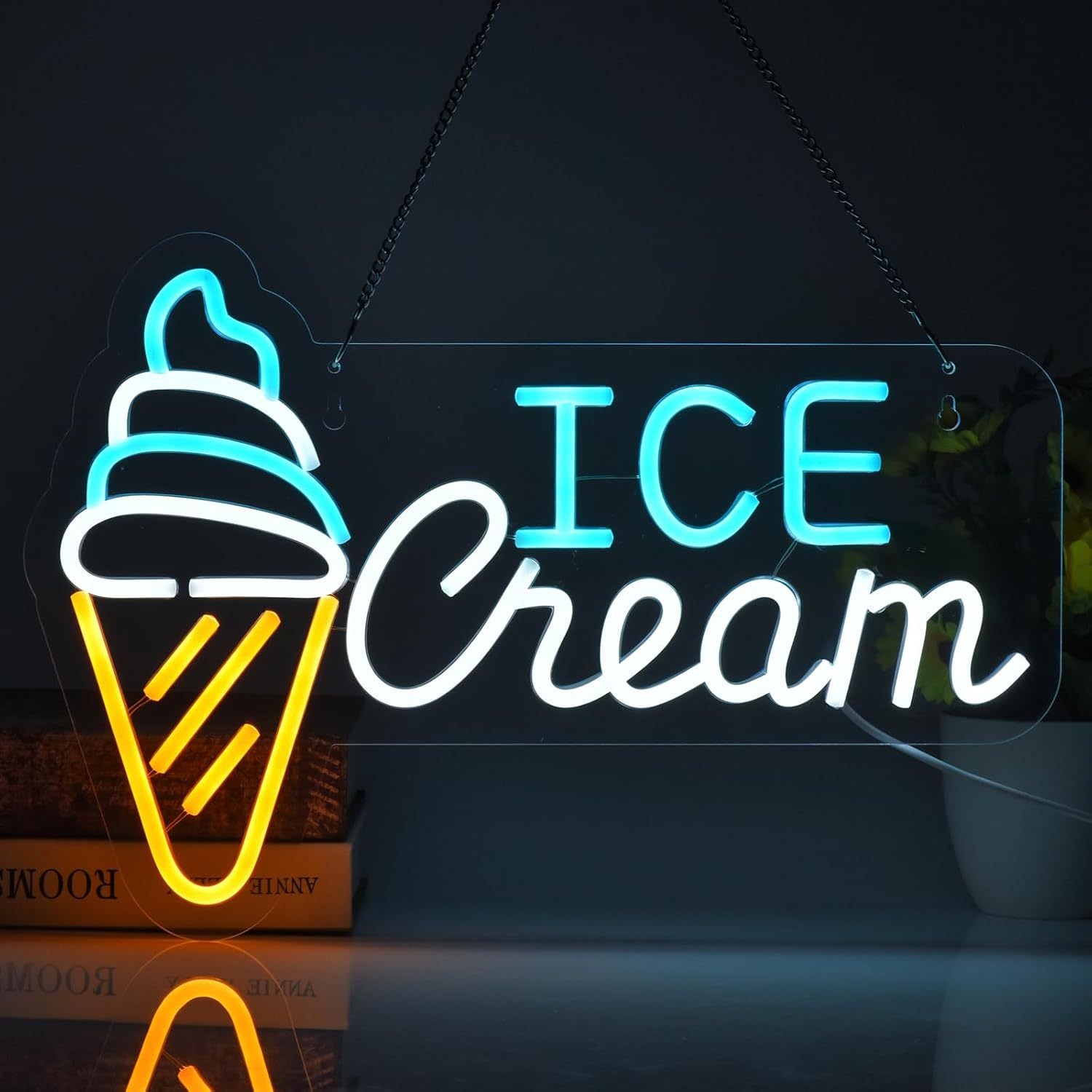 LED Neon Ice Cream Sign By USB - Adjustable Brightness with ON/Off Switch , Wall Decor LED Sign for Shopping malls, Supermarkets, Cold Drink Shops, etc.,41cm/16"x 28cm/11"