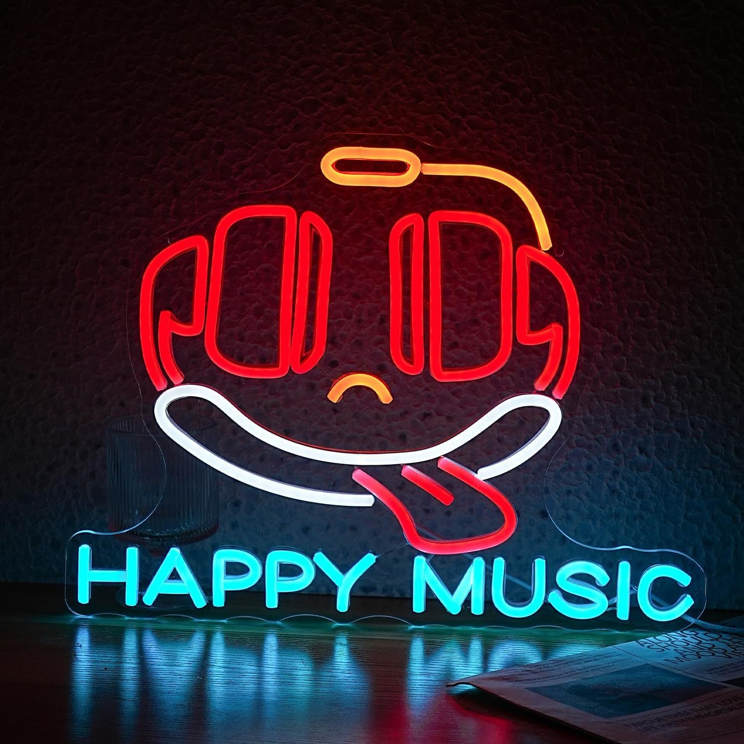 LED Neon HAPPY MUSIC Sign By USB - Adjustable Brightness With ON/Off Switch , Wall Decor LED Sign for Bar Stage Atmosphere Decorative.42cm/16.5"x 32cm/12.6"